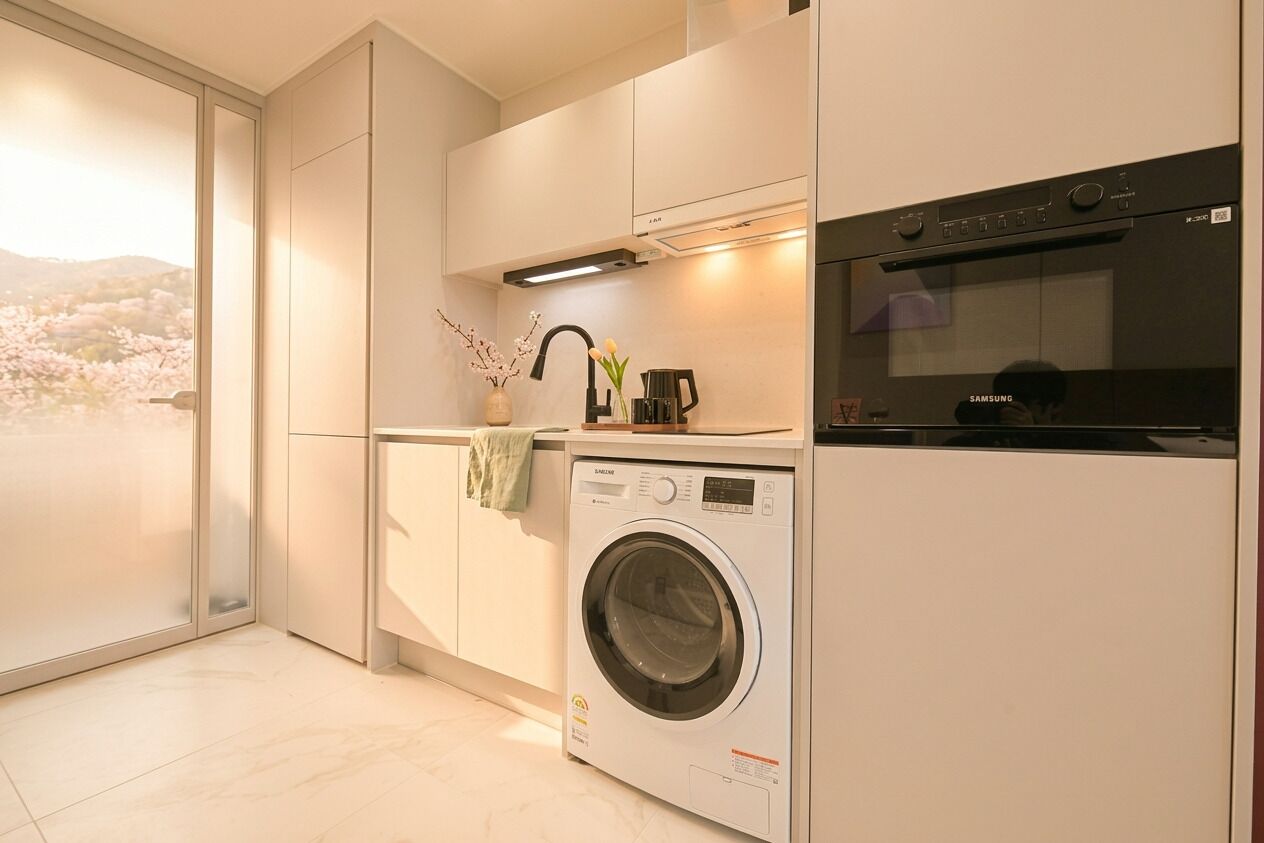Cocina moderna con lavadora integrada, horno y vistas a flores de cerezo.