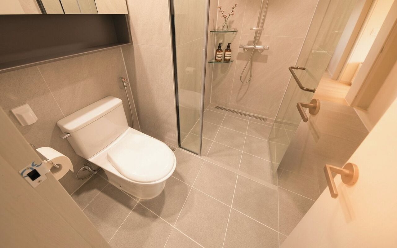 A modern bathroom with a toilet, a glass shower enclosure, and a shelf with toiletries.