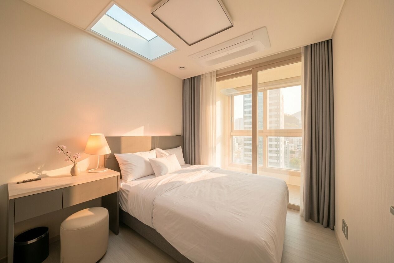A hotel room with a bed, a bedside table with a lamp, a small stool, a window with curtains, and a skylight.