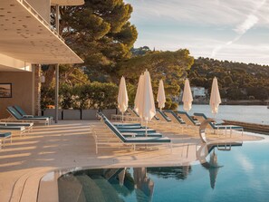 Indoor pool, outdoor pool, pool loungers