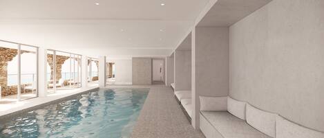 Alberca techada, alberca al aire libre y camastros