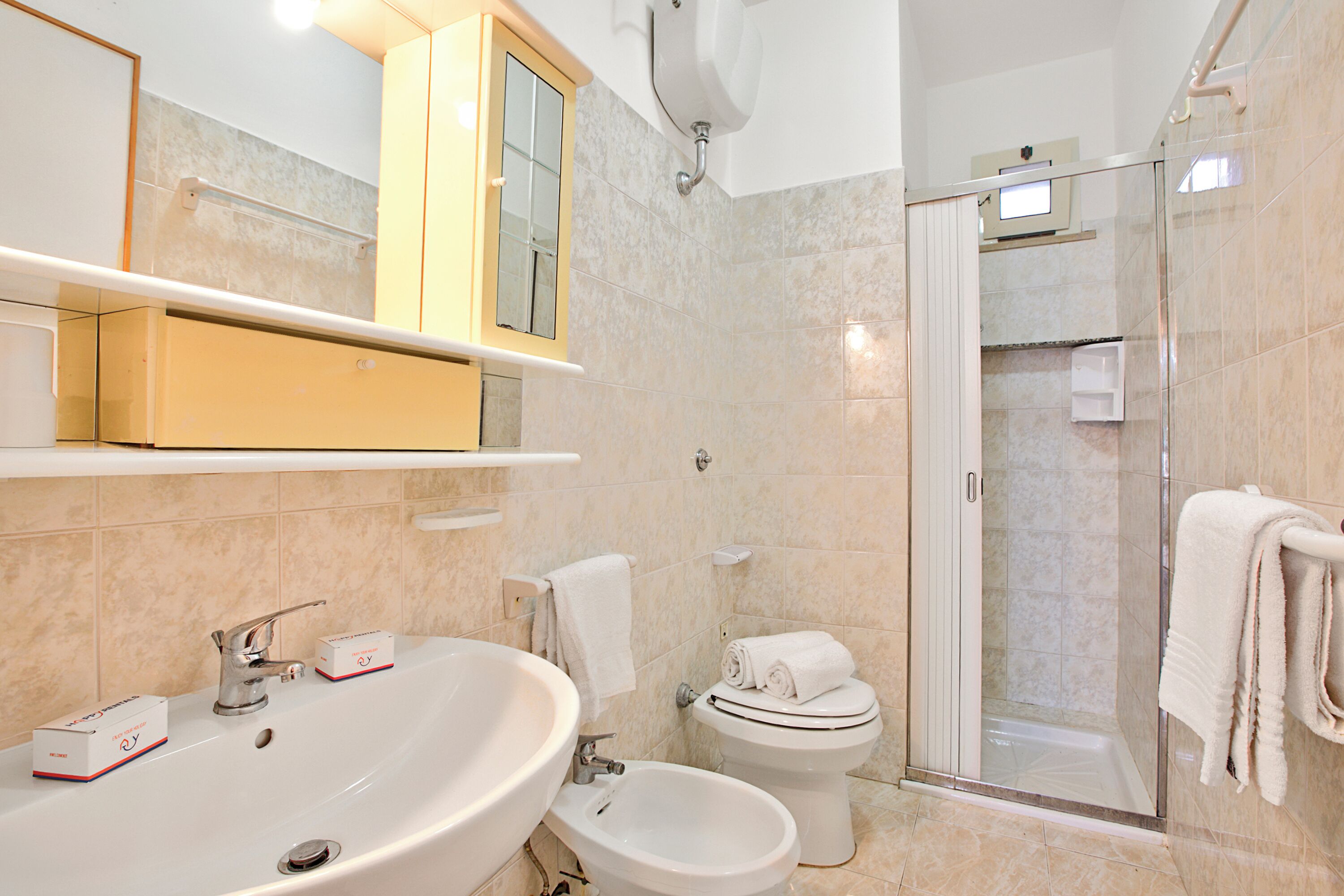 Een badkamer met een groot wastafel, een toilet, een douchecabine van glas en een bidet.