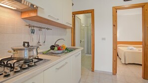 A compact kitchen with a stove, sink, and wooden cabinets. A small bathroom with a shower is visible through an open door. - Stella Marina Apartment 5 (Vieste)