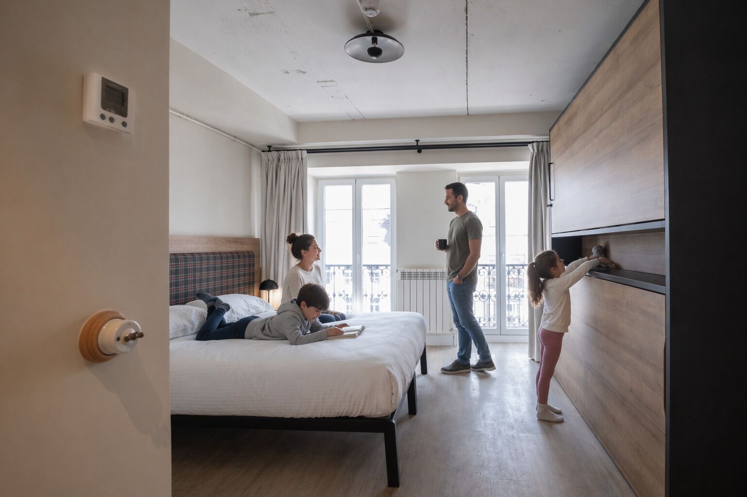 Una habitación de hotel moderna con una cama, un escritorio, un pupitre y vistas de la ciudad a través de amplias ventanas.