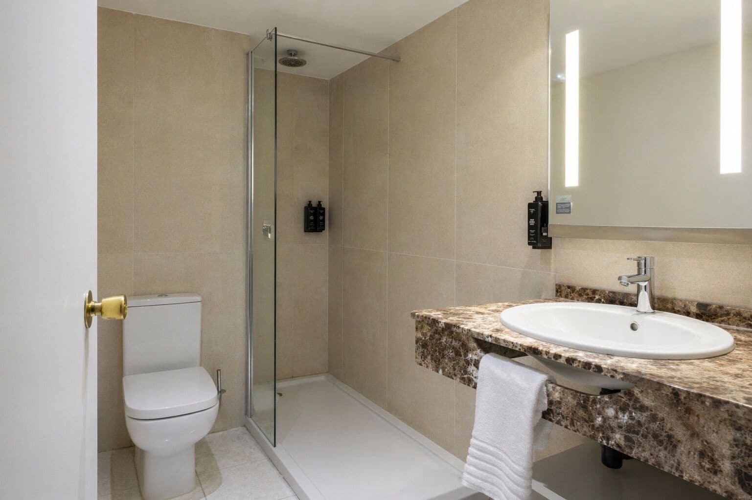 A bathroom with a glass-enclosed shower, a white toilet, a sink with a marble countertop, and a mirror.