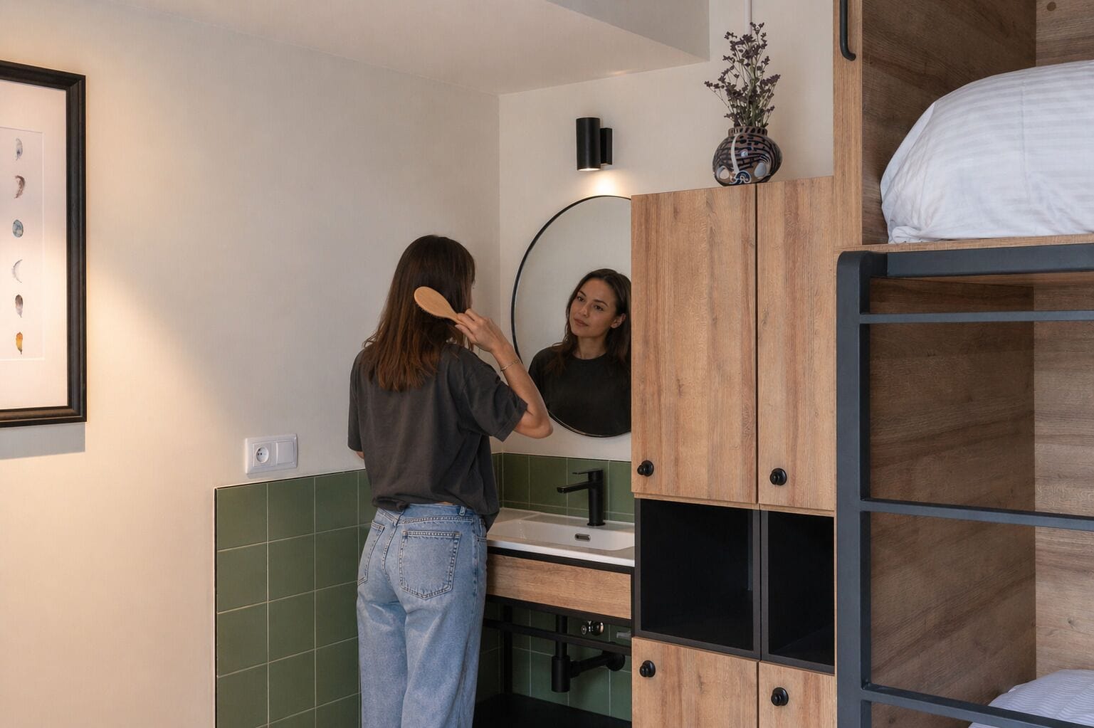 Un baño con tocador de madera, espejo, lavabo y literas.
