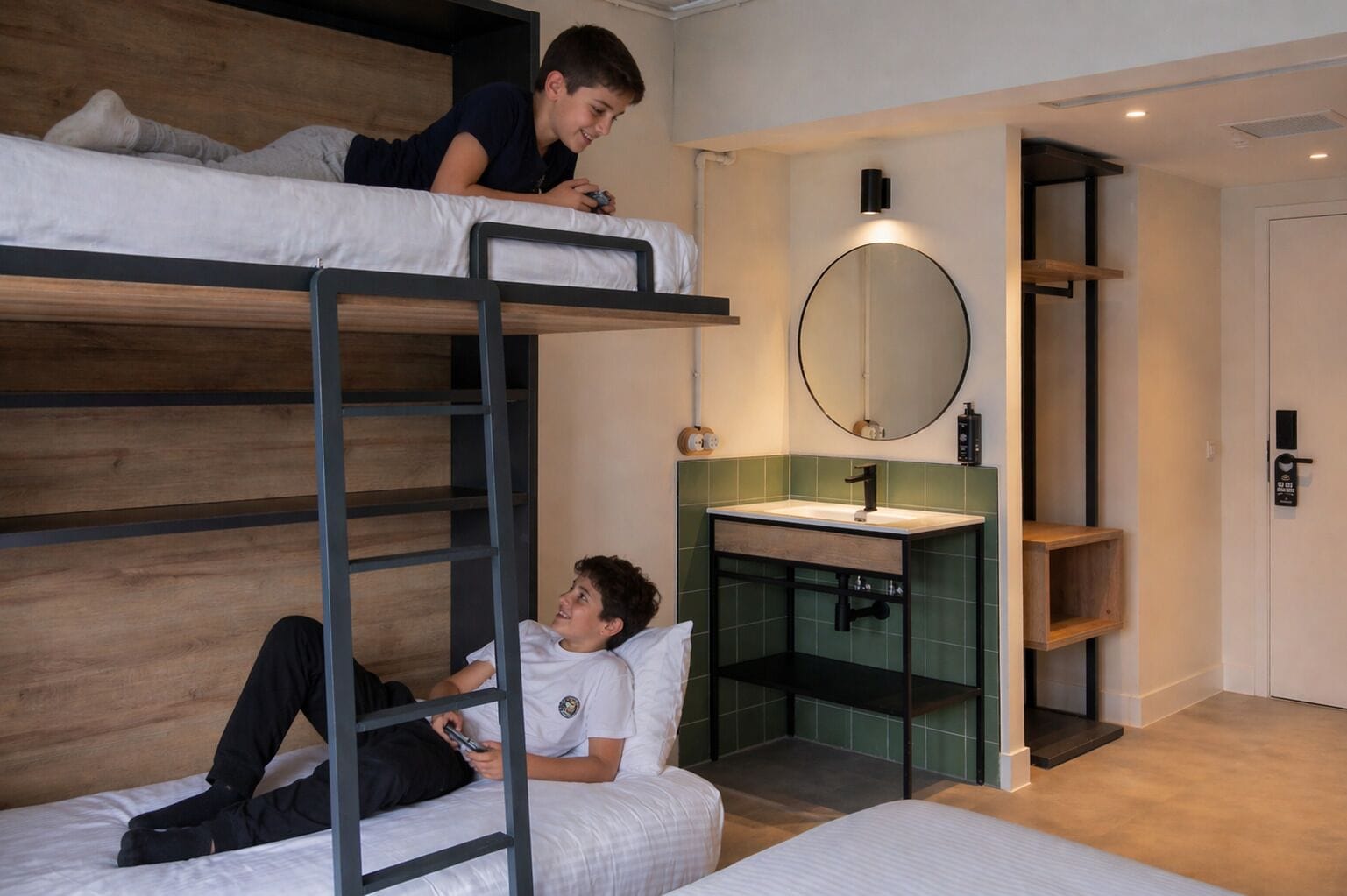 Habitación con literas y un baño pequeño que incluye un lavamanos y un espejo.