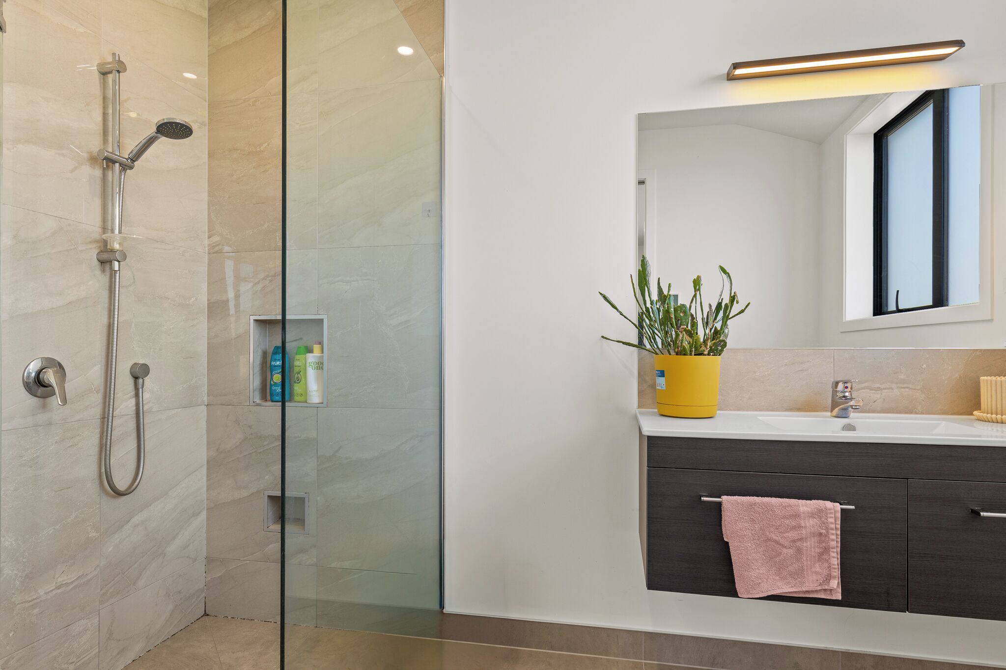 A modern bathroom with a glass-enclosed shower, a white vanity with a mirror, and a potted plant on the counter.