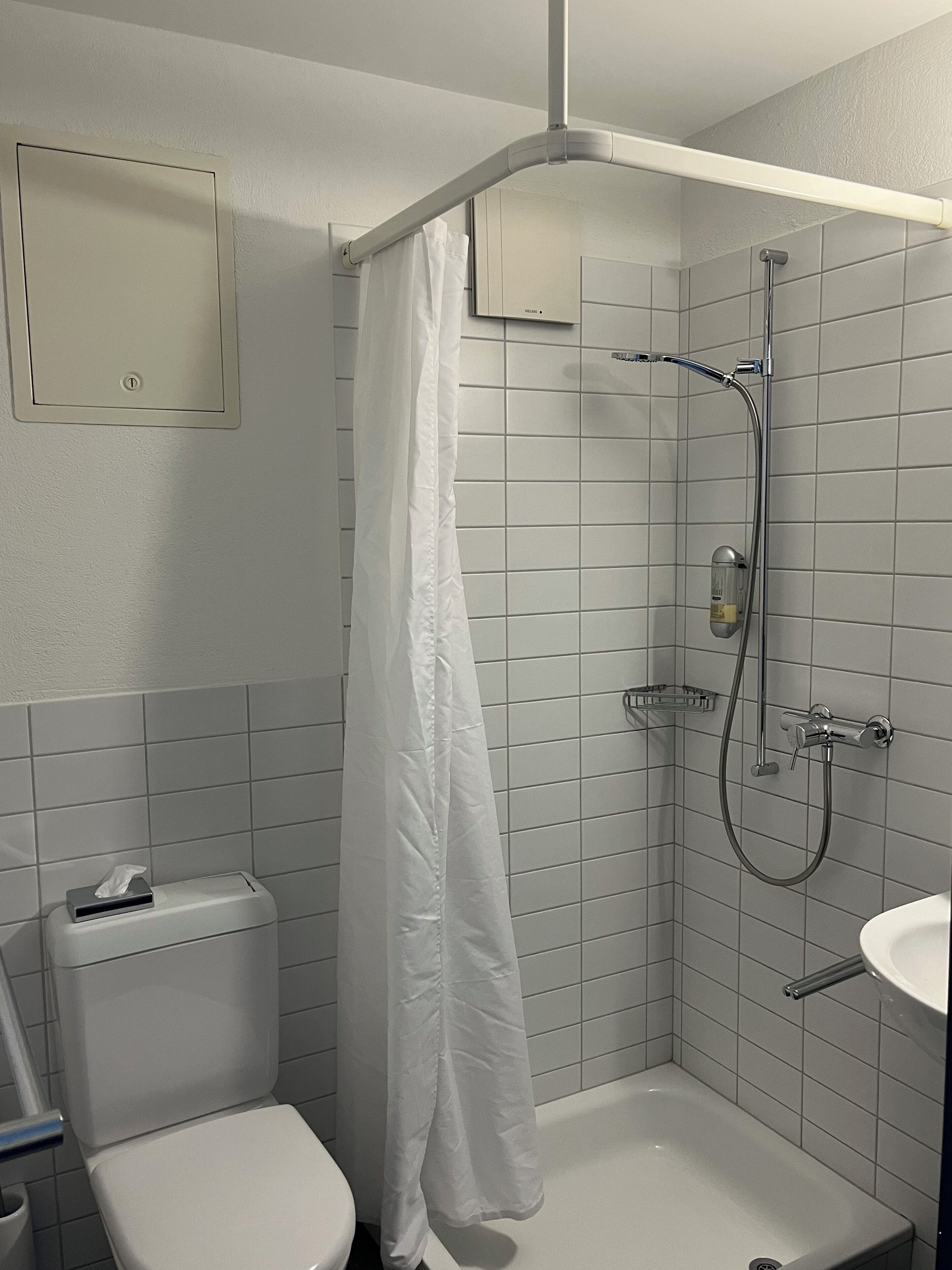 A small, modern bathroom with a toilet, a shower with a handheld showerhead, and a sink.