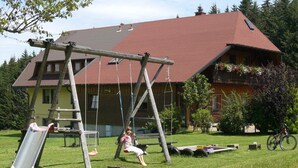 Un ensemble de jeux en bois comprenant une balançoire et un toboggan, ainsi qu’un vélo, dans une cour verdoyante, avec une maison en arrière-plan.