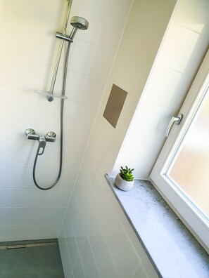 Shower, hair dryer, towels