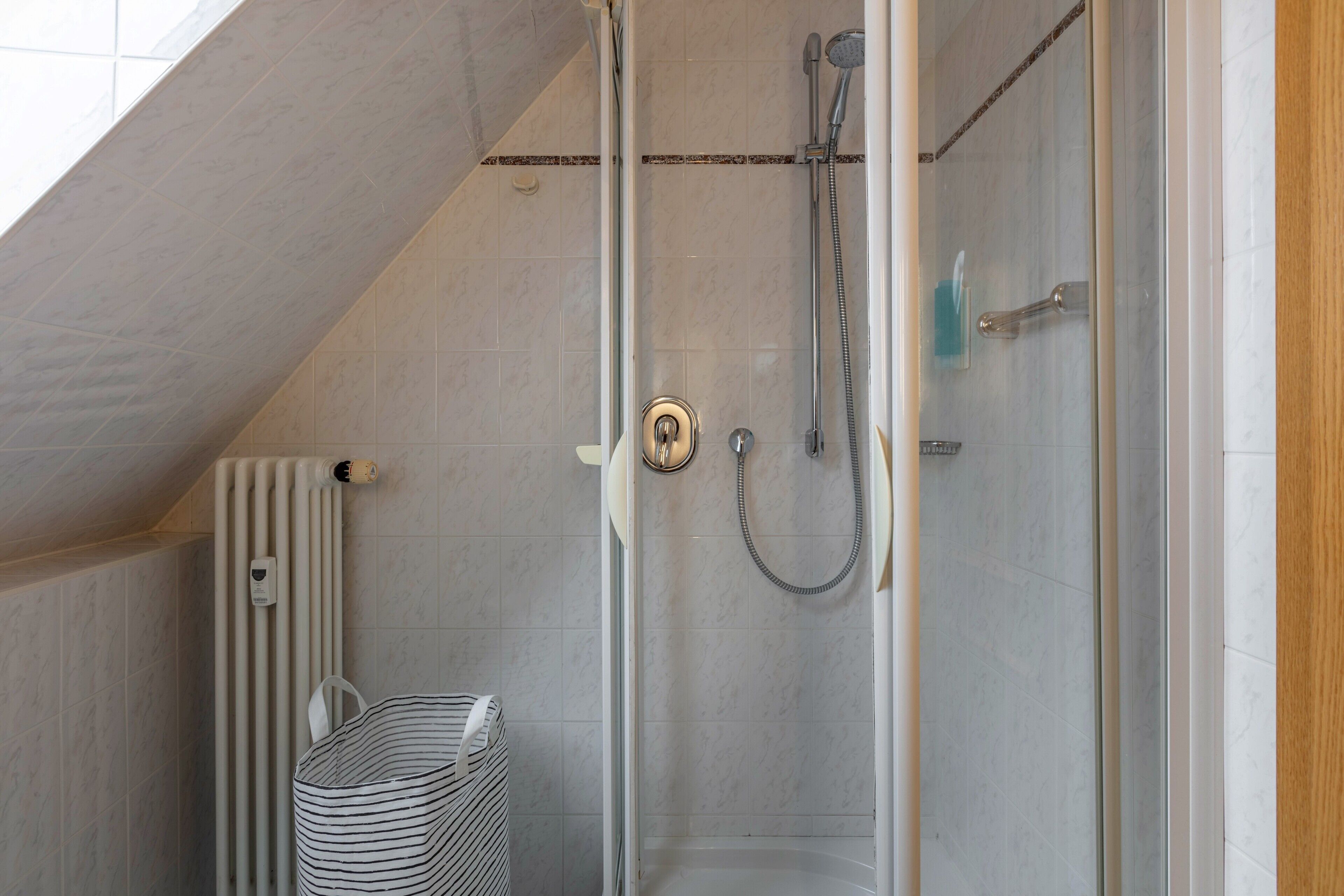 Une douche avec une porte en verre, un porte-serviettes et un radiateur.