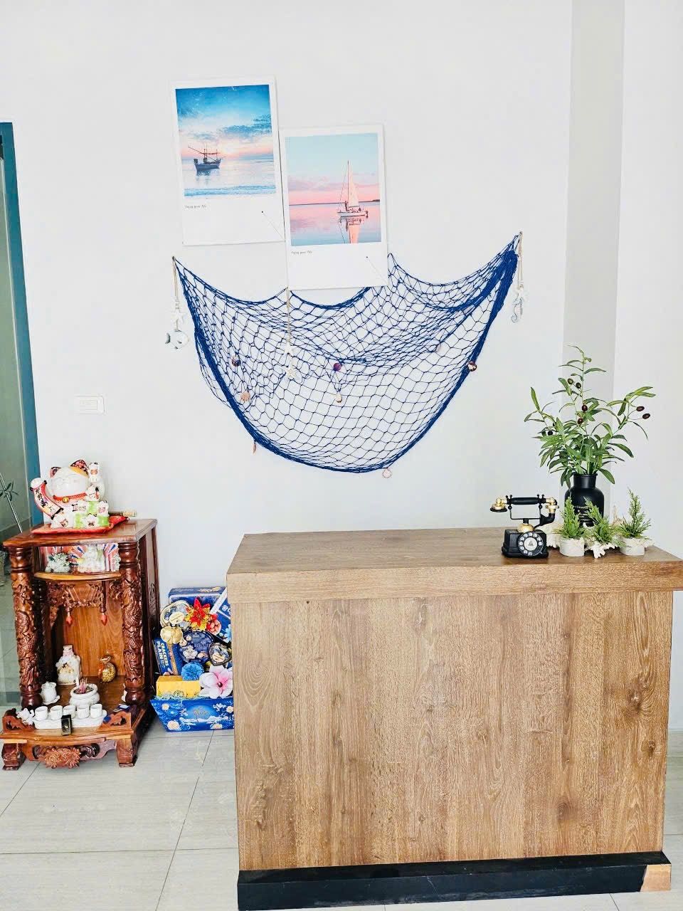 A wooden reception desk with a hammock, a vintage radio, and a potted plant.