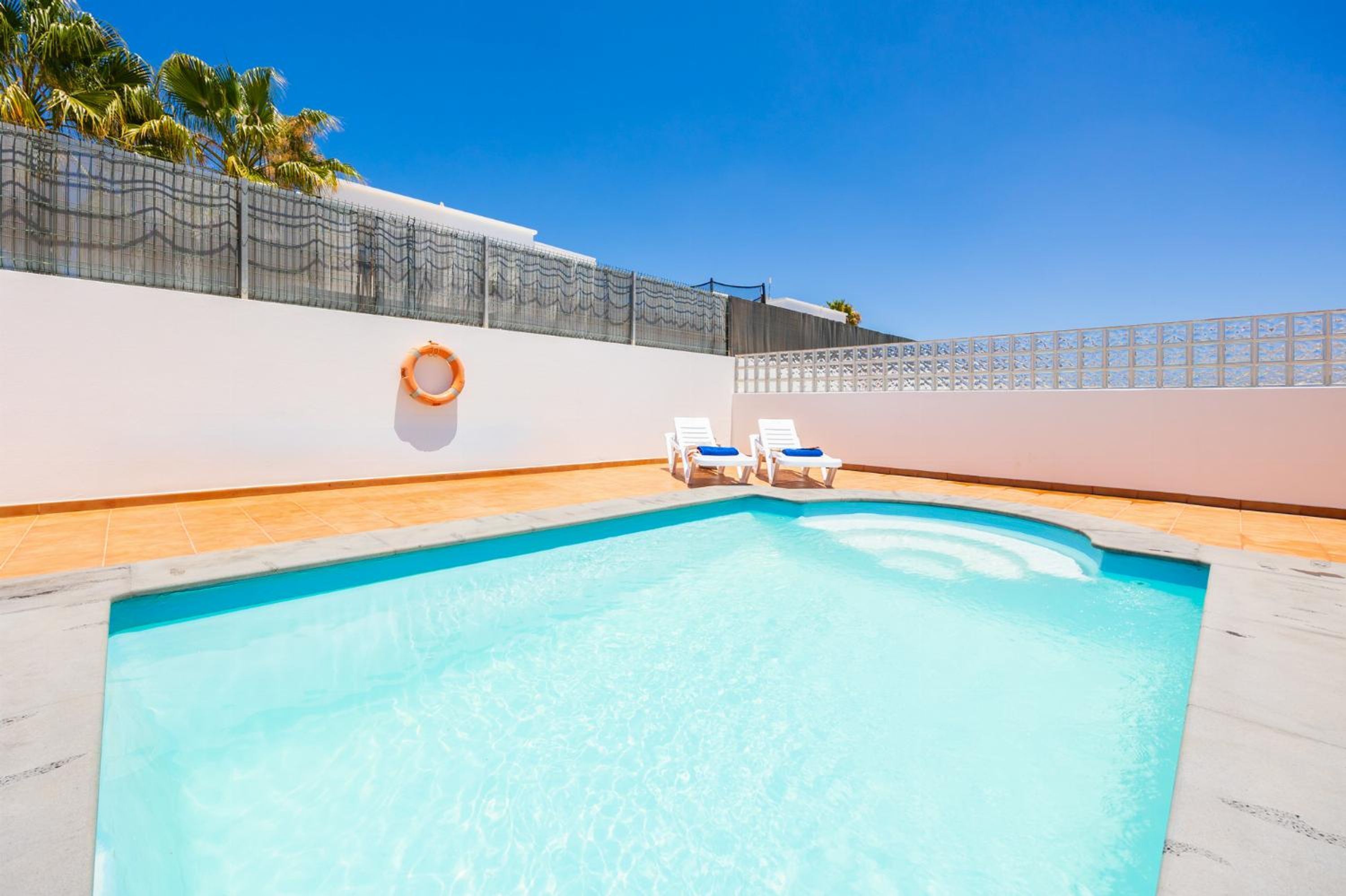 A swimming pool with two lounge chairs and a lifebuoy, surrounded by a white wall and a fence with palm trees in the background.