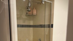 Een douchecabine met glazen wanden, een handdouche en een toilet met een papieren handdoekhouder.