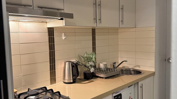Een moderne keuken met witte kasten, een roestvrijstalen afzuigkap, een ingebouwde oven en een vaatwasser.
