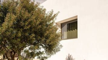 Un edificio moderno con un gran ventanal y un árbol frente a él.