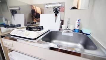 Fridge, stovetop, cookware/dishes/utensils