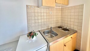 A compact kitchen with a sink, two cabinets, and a small decorative plant on the counter. - Studio Apartman Mare 2 (Dramalj)
