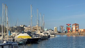 Un port de plaisance où sont amarrés de nombreux bateaux, un ciel dégagé et des bâtiments en arrière-plan.