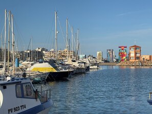 A marina with multiple boats docked, a clear sky, and buildings in the background.