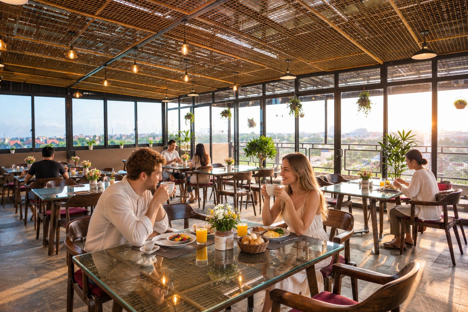 A spacious dining area with large windows, tables with chairs, and hanging plants.