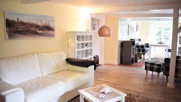 TV, fireplace, books, stereo