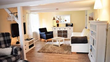 TV, fireplace, books, stereo