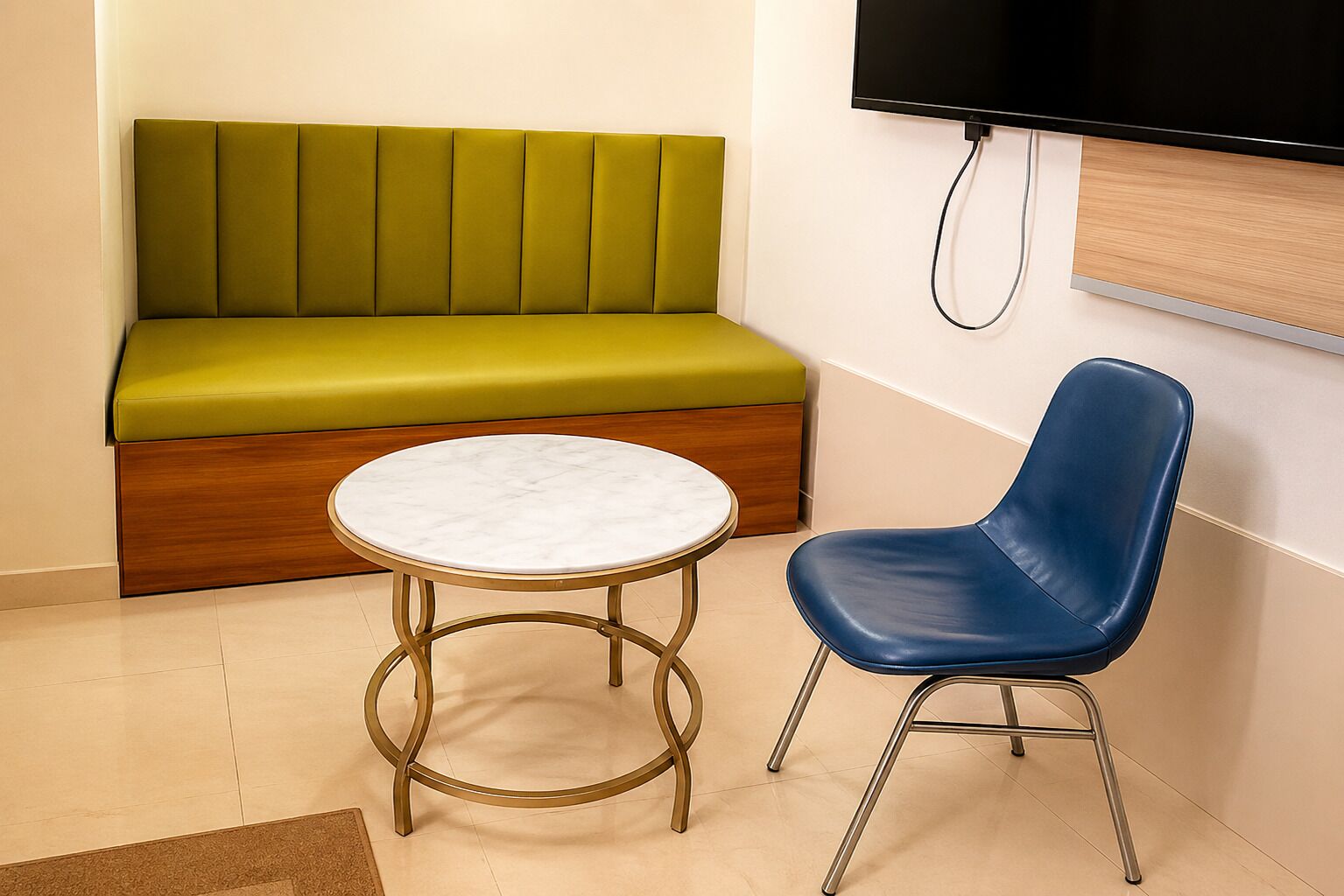 Um quarto com um sofá verde, uma cadeira azul e uma pequena mesa redonda com tampo de mármore.