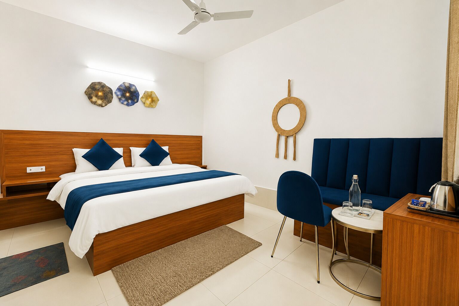 Una habitación de hotel con cama, un escritorio y una silla, un adorno redondo en la pared y un ventilador de techo.
