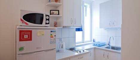 Fridge, microwave, stovetop, electric kettle