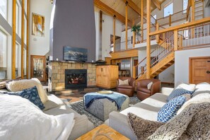 Smart TV, fireplace, foosball, video library