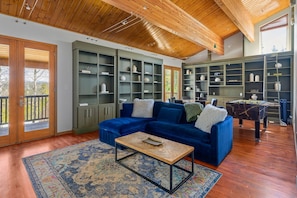 Smart TV, fireplace, foosball, video library