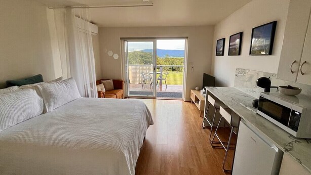 A bedroom with a bed, a kitchenette, and a balcony with a view.