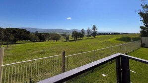 A grassy field with a metal fence and trees in the background.