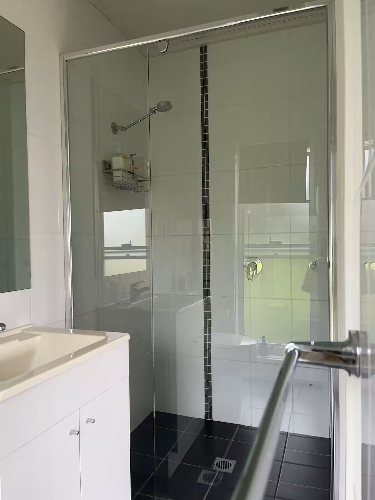Shower, towels, soap, toilet paper