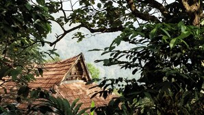 A traditional wooden house with a sloped roof, surrounded by dense foliage and trees.