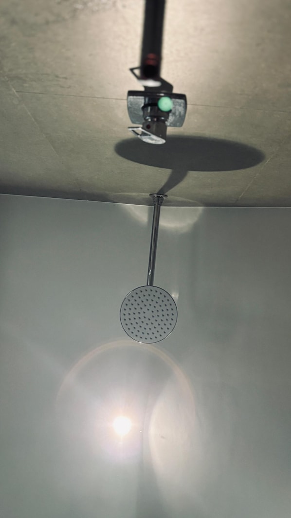 A ceiling-mounted showerhead with a circular spray pattern. - Paradisa Nature Resort (Peermade)