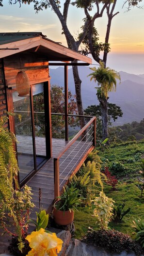 A wooden structure with a glass door, surrounded by lush greenery and a mountainous backdrop. - Minca Sintropia Organic Coffee Finca (Minca)