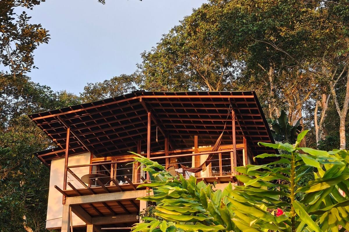 A wooden structure with a sloped roof, surrounded by dense foliage.