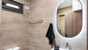 A modern bathroom with a toilet, sink, and mirror.