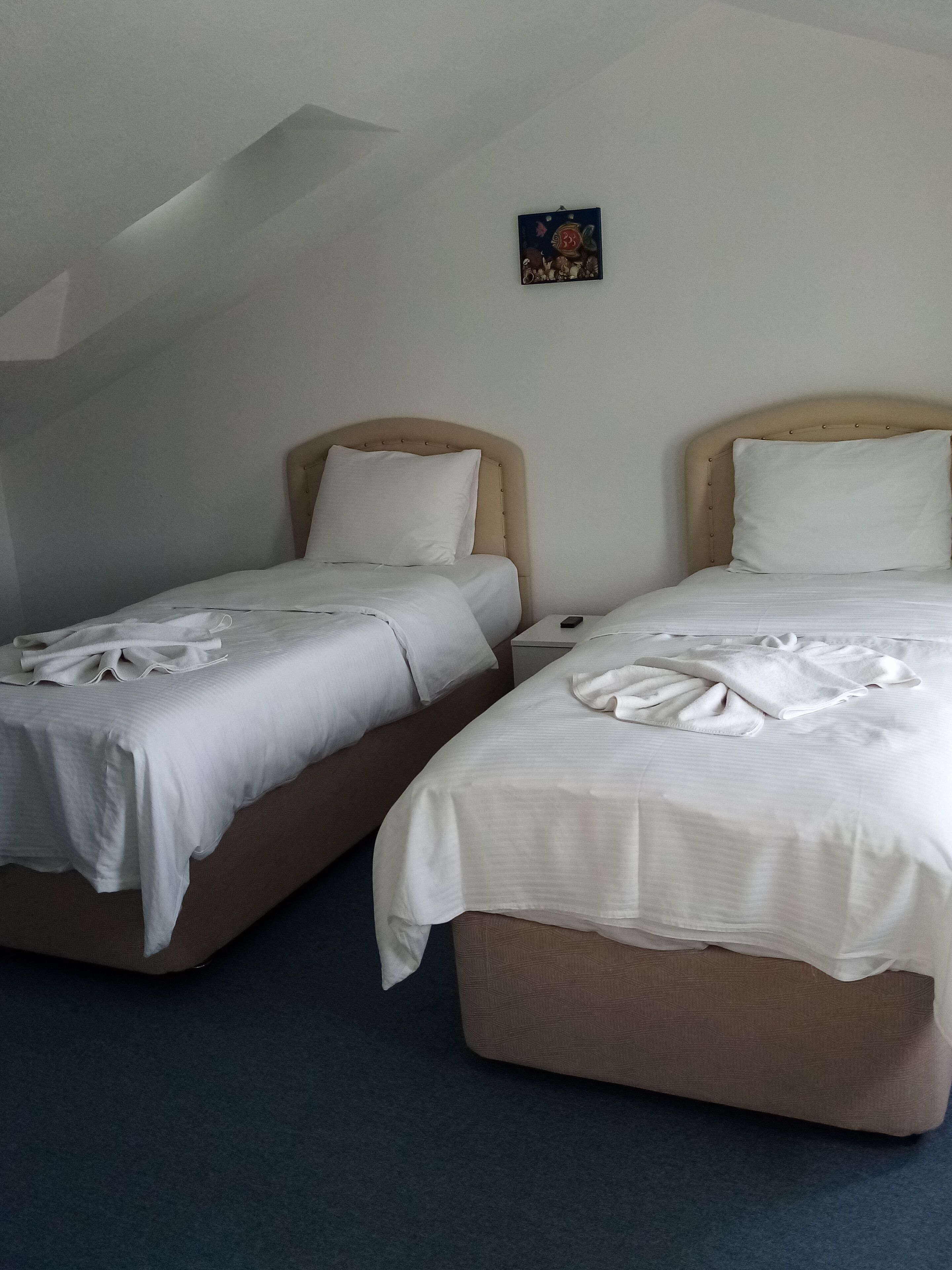 Twee eenpersoonsbedden met witte lakens en hoofdborden, een klein nachtkastje en een aan de muur bevestigd schilderij.