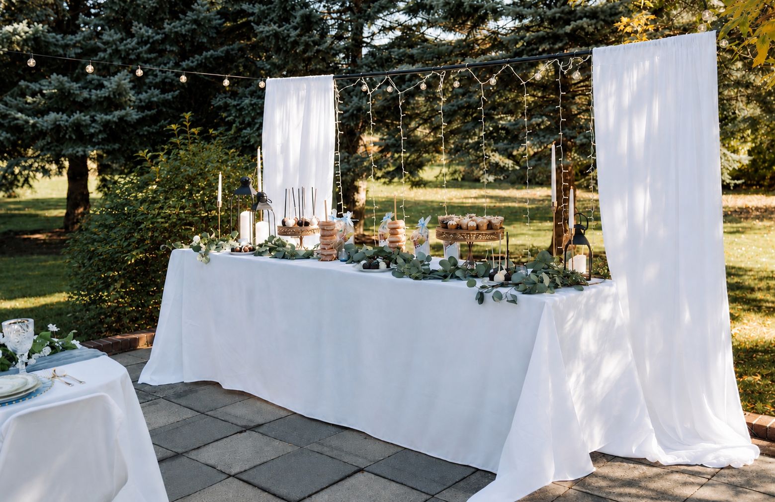 Montagem para evento ao ar livre com mesa coberta por tecido branco, decorada com folhagem e velas, e luzes de Natal penduradas acima.