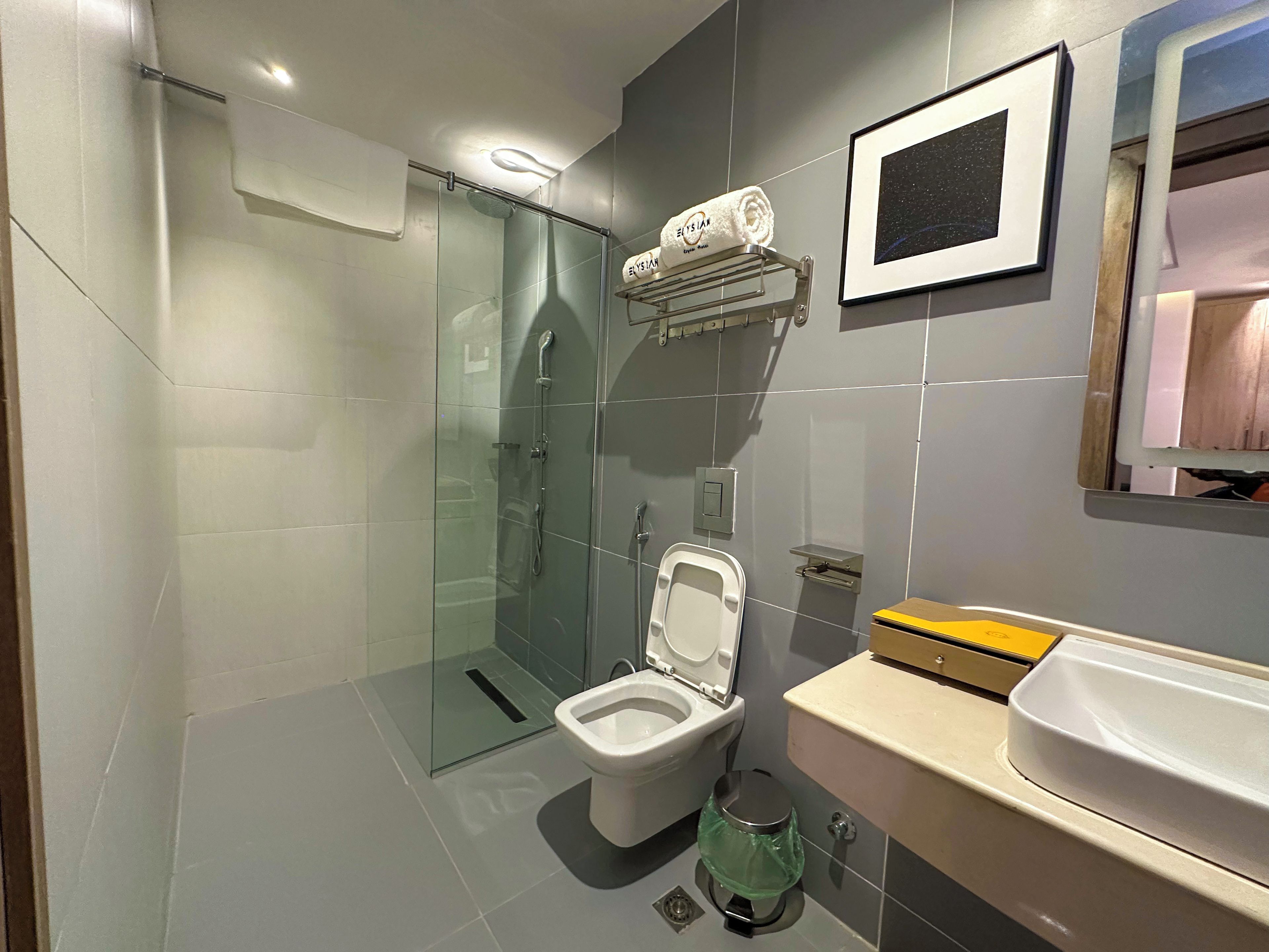 A modern bathroom with a glass-enclosed shower, a toilet, and a sink.
