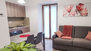 Moderni olohuone, jossa on harmaa sohva, ruokapöytä ja kaksi tuolia sekä keittiöalue, jossa on puukalusteet ja punainen pyöreä matto.