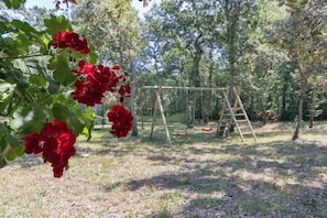 Relax in a serene garden setting with a charming wooden swing.