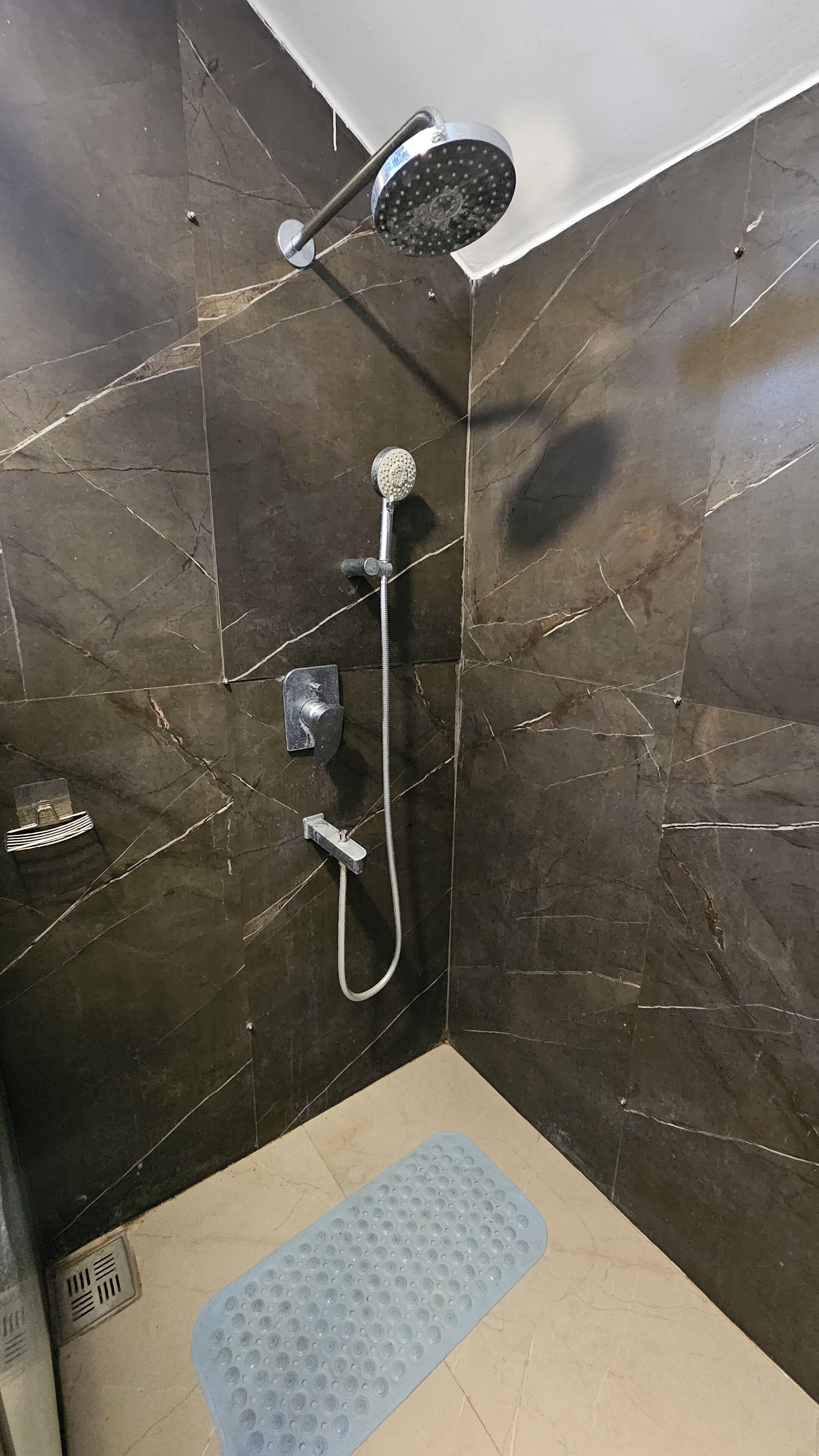 A shower area with a handheld showerhead, a wall-mounted faucet, and a handheld showerhead.