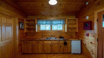 Een houten hutinterieur met een keukenhoek, inclusief een gootsteen, kastjes en een kleine koelkast.