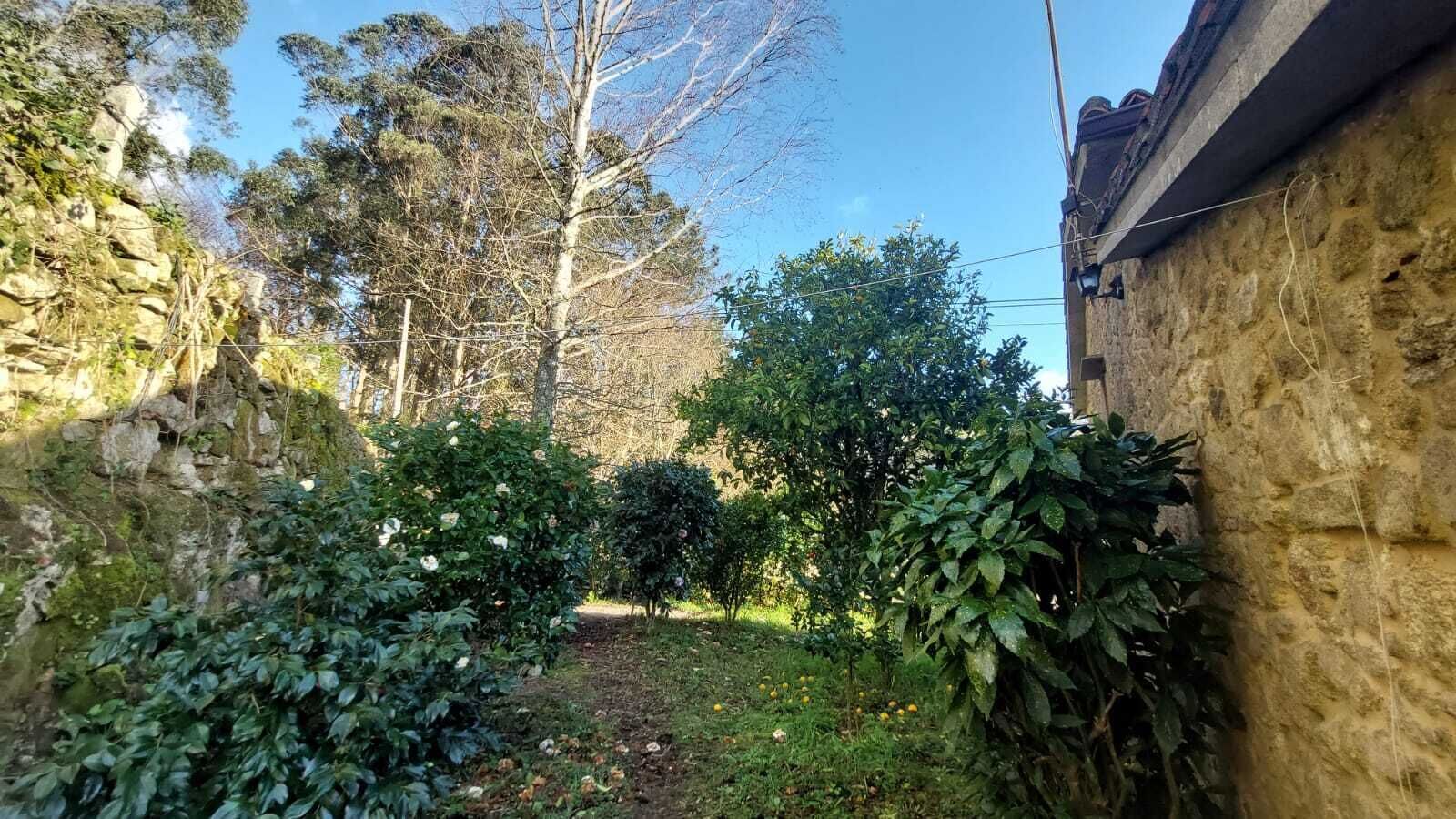 Un muro de piedra con un sendero de jardín que lleva a un edificio de piedra.