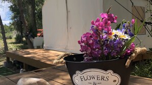 Een picknicktafel met een bloempot met de tekst 'Flowers & Garden', een bord met koekjes en een tent op de achtergrond.